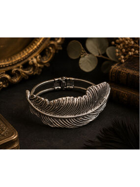 Vintage Silver Tone Feather Hinged Cuff Bracelet Modernist Leaf Bypass Statement